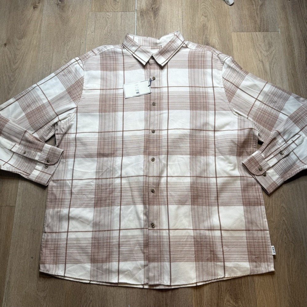 New ROWM Men's Button-Up Shirt XXL 2XL White Brown Plaid Long Sleeve Casual